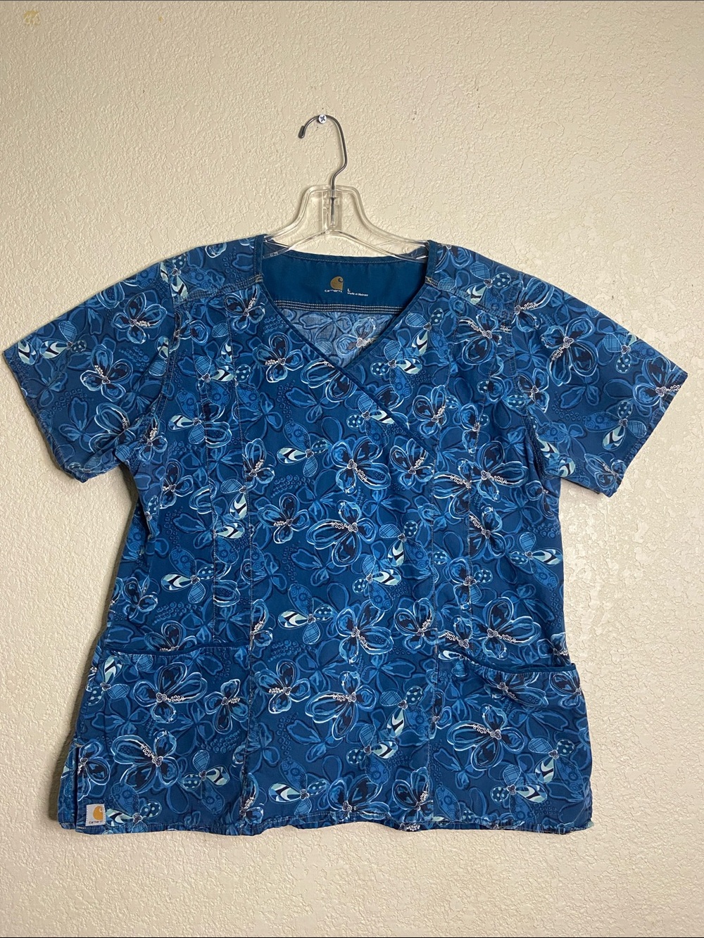 Carhartt Blue Floral V-Neck Scrub Top with Pockets